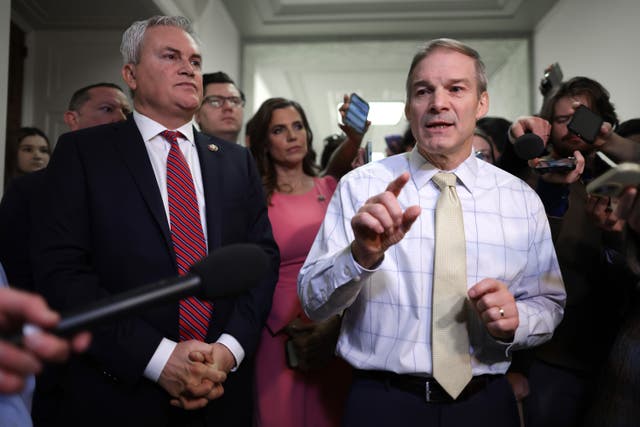 <p>House Oversight and Accountability Committee Chairman James Comer and House Judiciary Committee Chairman Jim Jordan talk to reporters in the Rayburn House Office Building on 13 December 2023 in Washington DC</p>