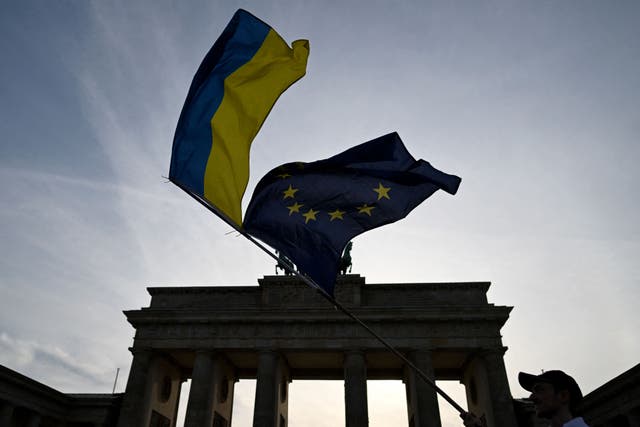 <p>An activist waves the Ukrainian national flag and the European Union flag</p>