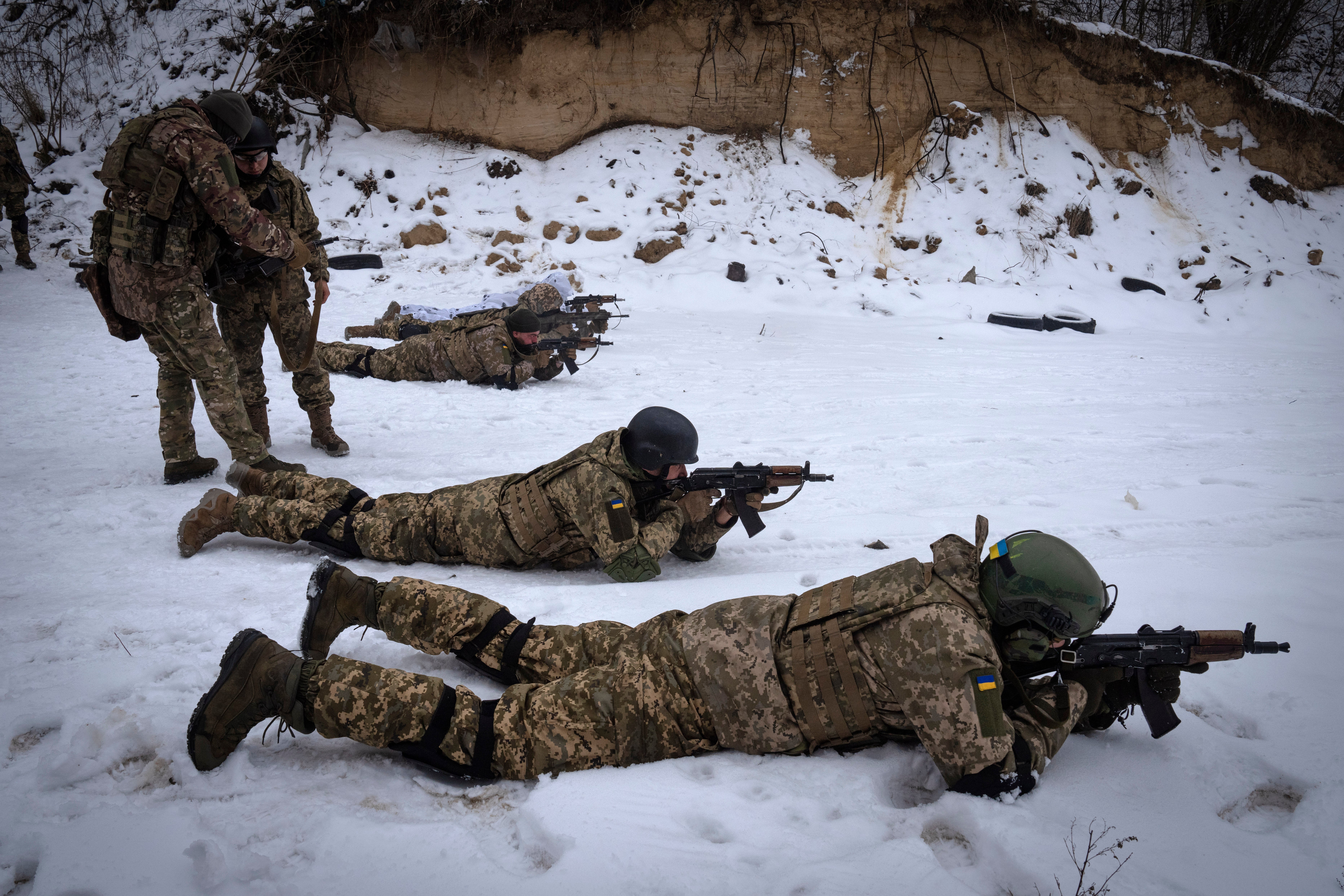 Members of the pro-Ukrainian Russian ethnic Siberian Battalion practice at a military training close to Kyiv, Ukraine