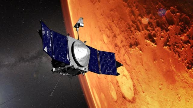 <p>This illustration shows the MAVEN spacecraft and the limb of Mars</p>