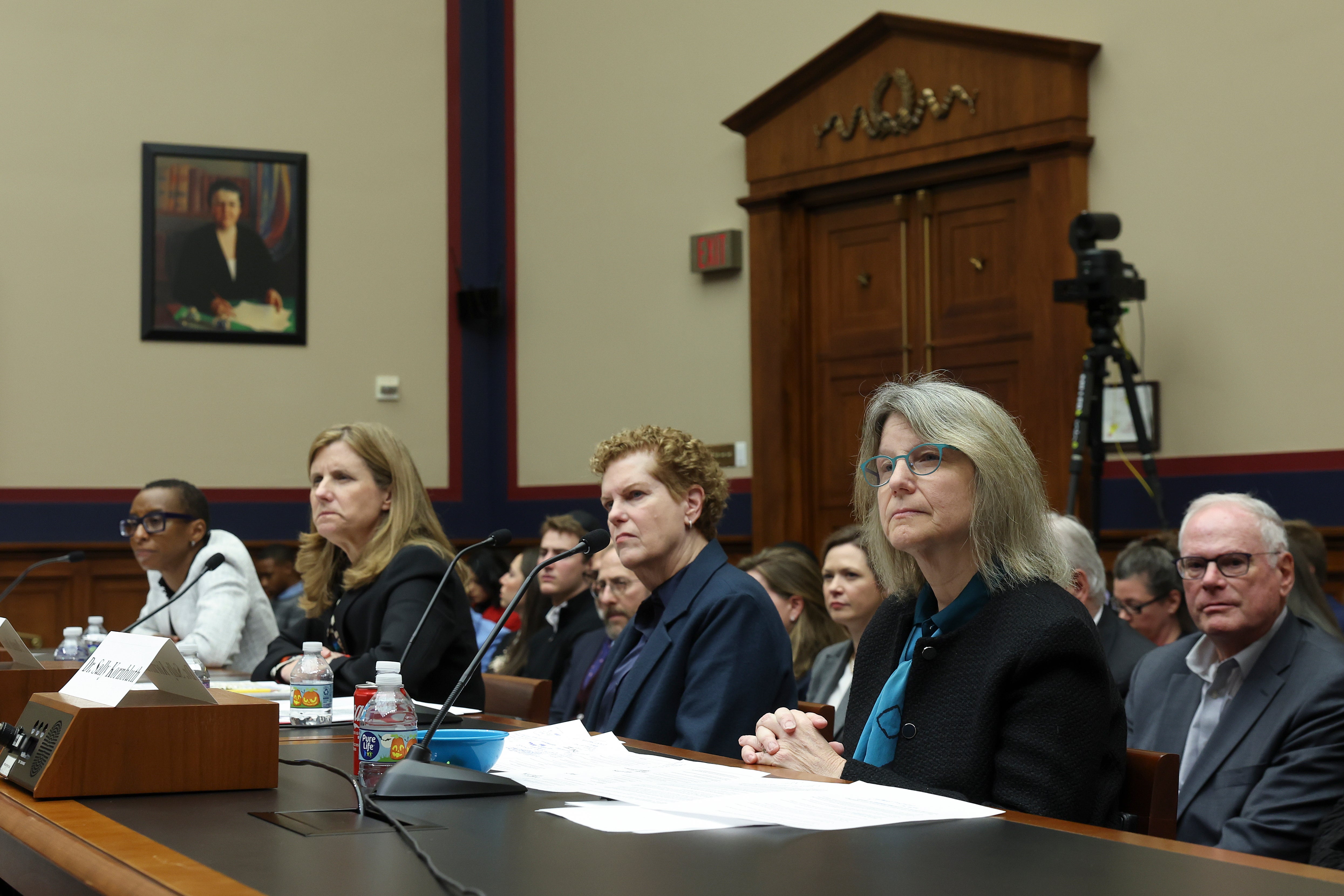 From left to right, Dr. Claudine Gay, President of Harvard University, Liz Magill, President of University of Pennsylvania, Dr. Pamela Nadell, Professor of History and Jewish Studies at American University, and Dr. Sally Kornbluth, President of Massachusetts Institute of Technology