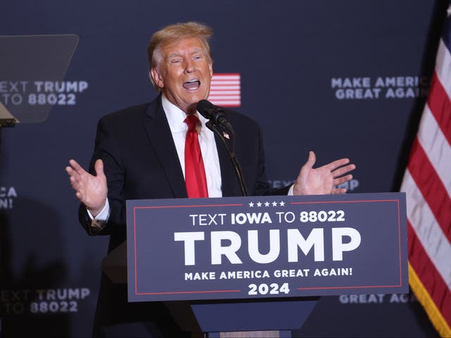 <p>Donald Trump speaks during a campaign event at the Hyatt Hotel in Coralville, Iowa, on 13 December 2023</p>