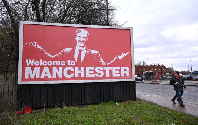 <p>Sir Jim Ratcliffe was portrayed on a billboard near Old Trafford</p>