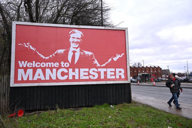 <p>Sir Jim Ratcliffe was portrayed on a billboard near Old Trafford</p>