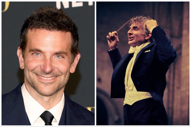 <p>Bradley Cooper and Cooper as Leonard Bernstein in ‘Maestro'</p>
