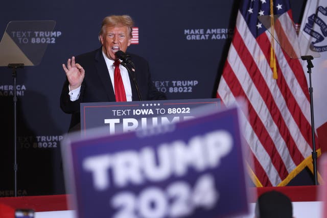 <p>Republican presidential candidate, former President Donald Trump speaks during a campaign event at the Hyatt Hotel on December 13, 2023 in Coralville, Iowa</p>