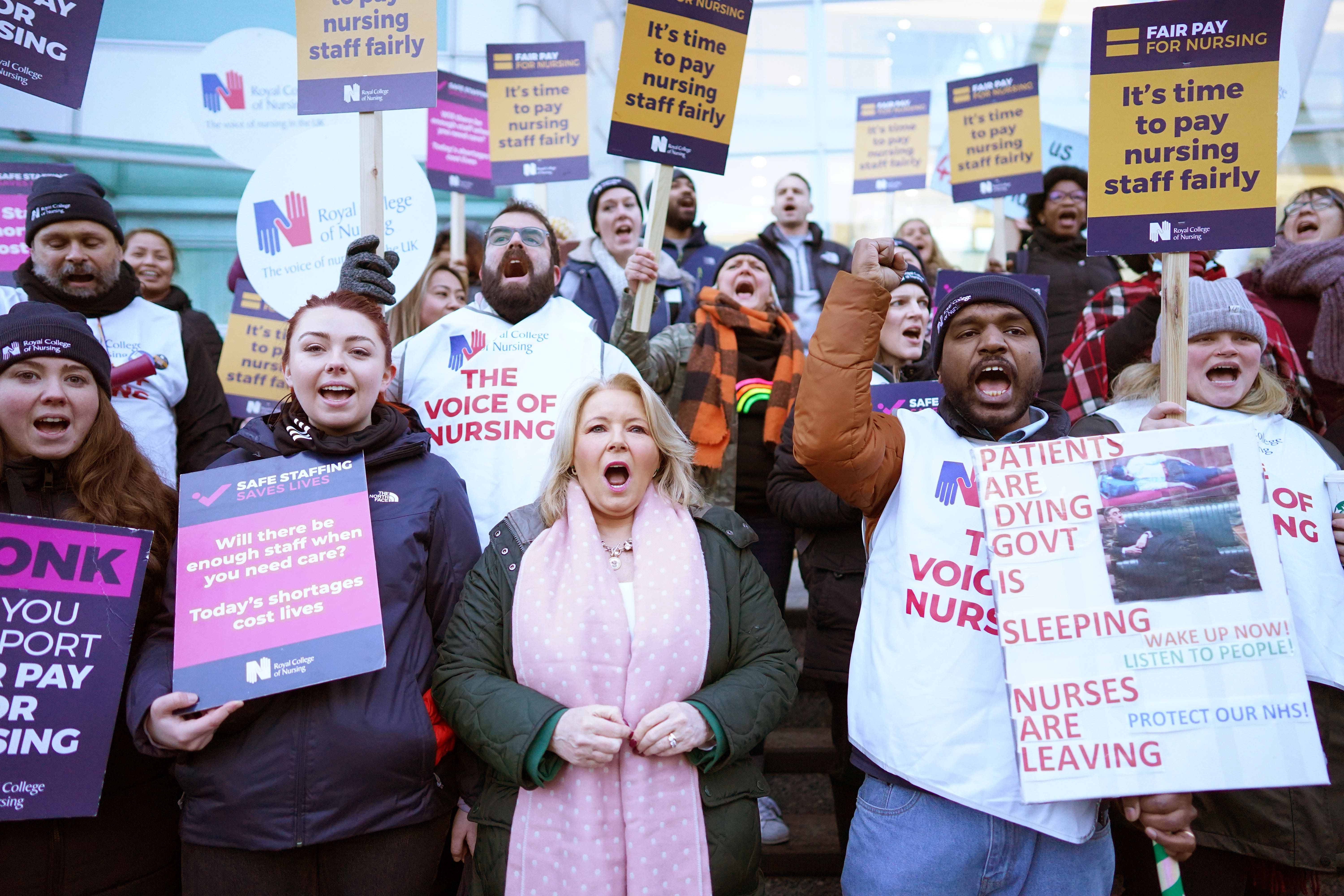 Royal College of Nursing (RCN) chief executive Pat Cullen joins RCN members on the picket line outside University College Hospital, London, as nurses take industrial action over pay. Picture date: Thursday January 19, 2023.