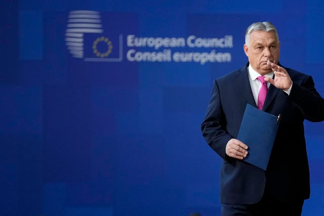 <p>Hungary’s prime minister Viktor Orban arrives for EU summit at European Council building in Brussels, 14 December 2023</p>