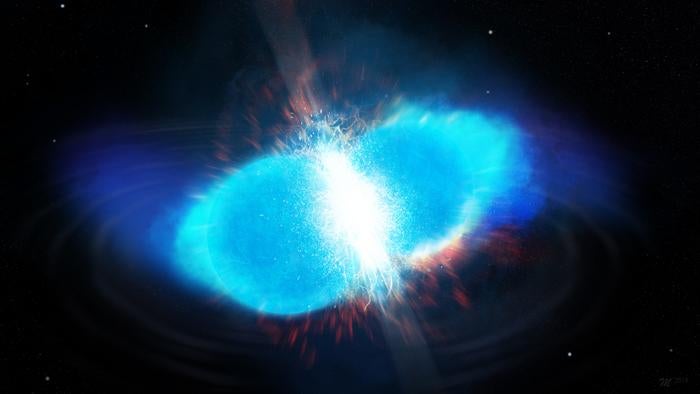 <p>Image shows two neutron stars colliding to releasing neutrons that radioactive nuclei rapidly capture. The combination of neutron capture and radioactive decay produces subsequently heavier elements.</p>