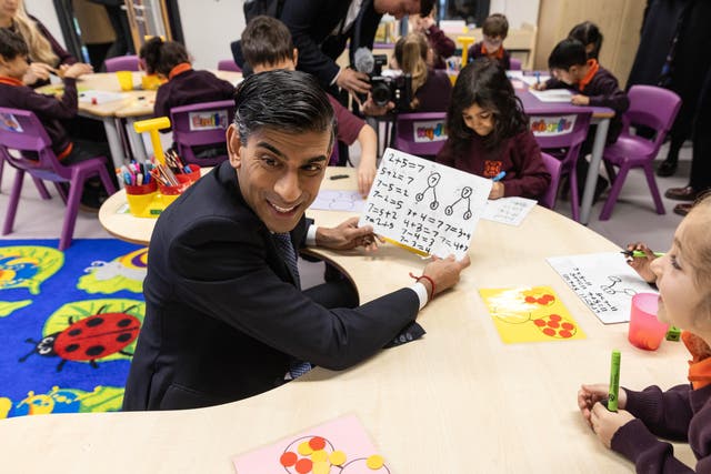 <p>There’s sum thing about Rishi: The prime minister visits the Wren Academy, in Finchley, London </p>