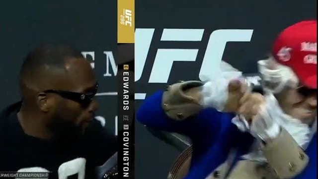 <p>Leon Edwards throws bottle at Colby Covington after joke about murdered father.</p>