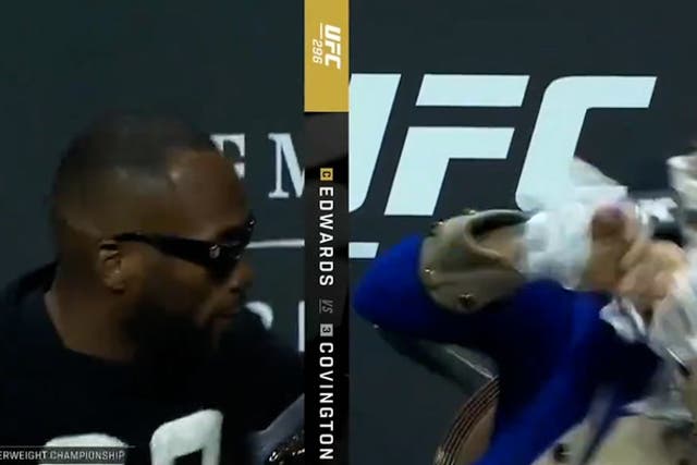 <p>Leon Edwards throws bottle at Colby Covington after joke about murdered father.</p>