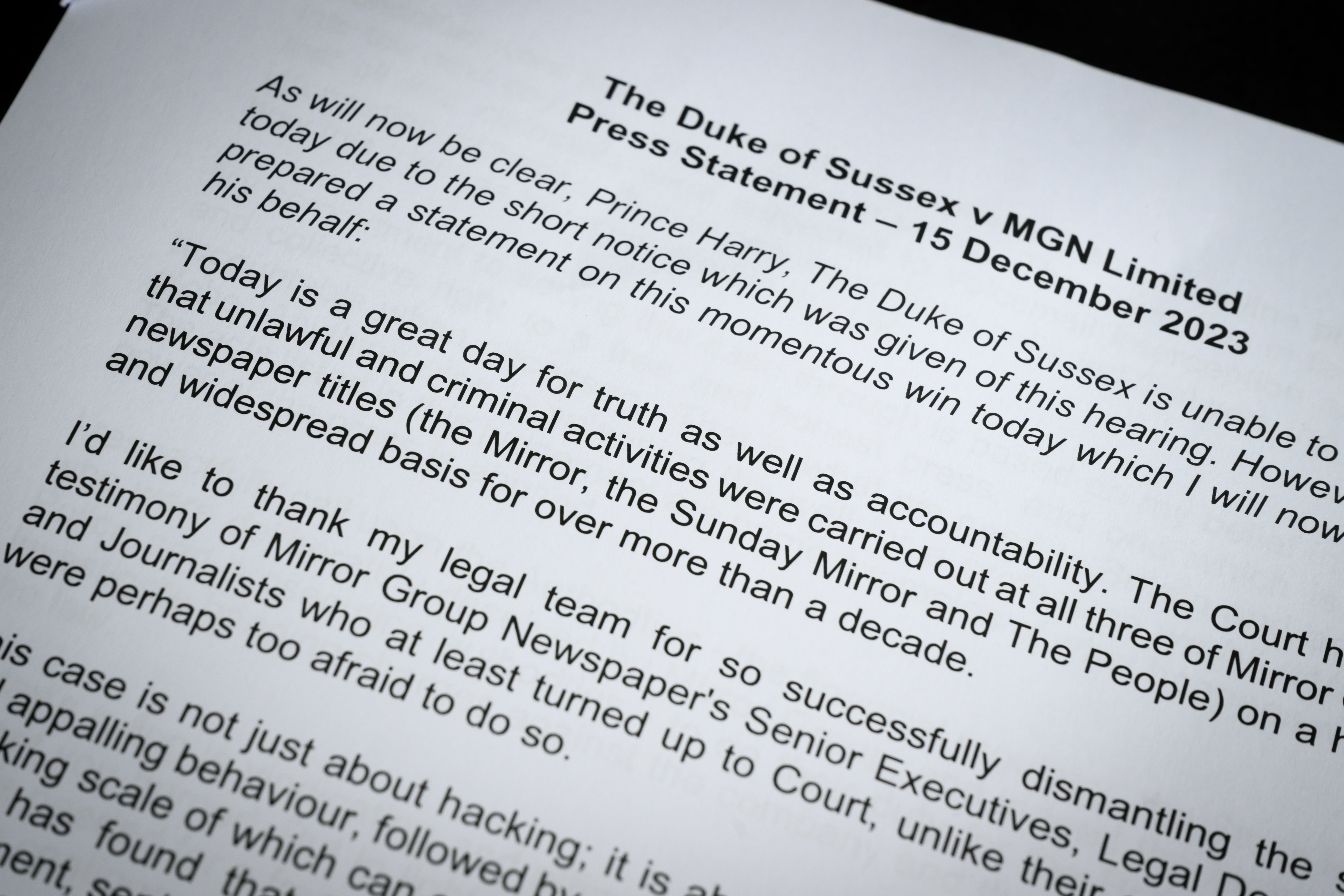 A detail view of a printed copy of a written statement by Prince Harry which was distributed to the media following the ruling in his favour in a lawsuit against the Mirror Group on Friday