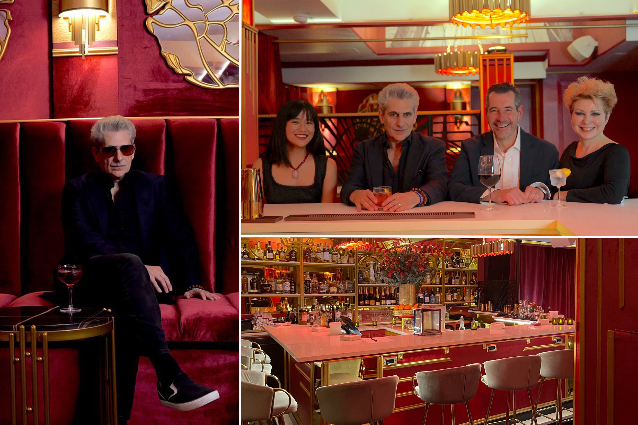 Left: Michael Imperioli at the Scarlet Lounge; Top right: Kenna Wladis, Michael Imperioli, Jeremy Wladis, and Victoria Imperioli inside the bar; Bottom right: The Scarlet Lounge