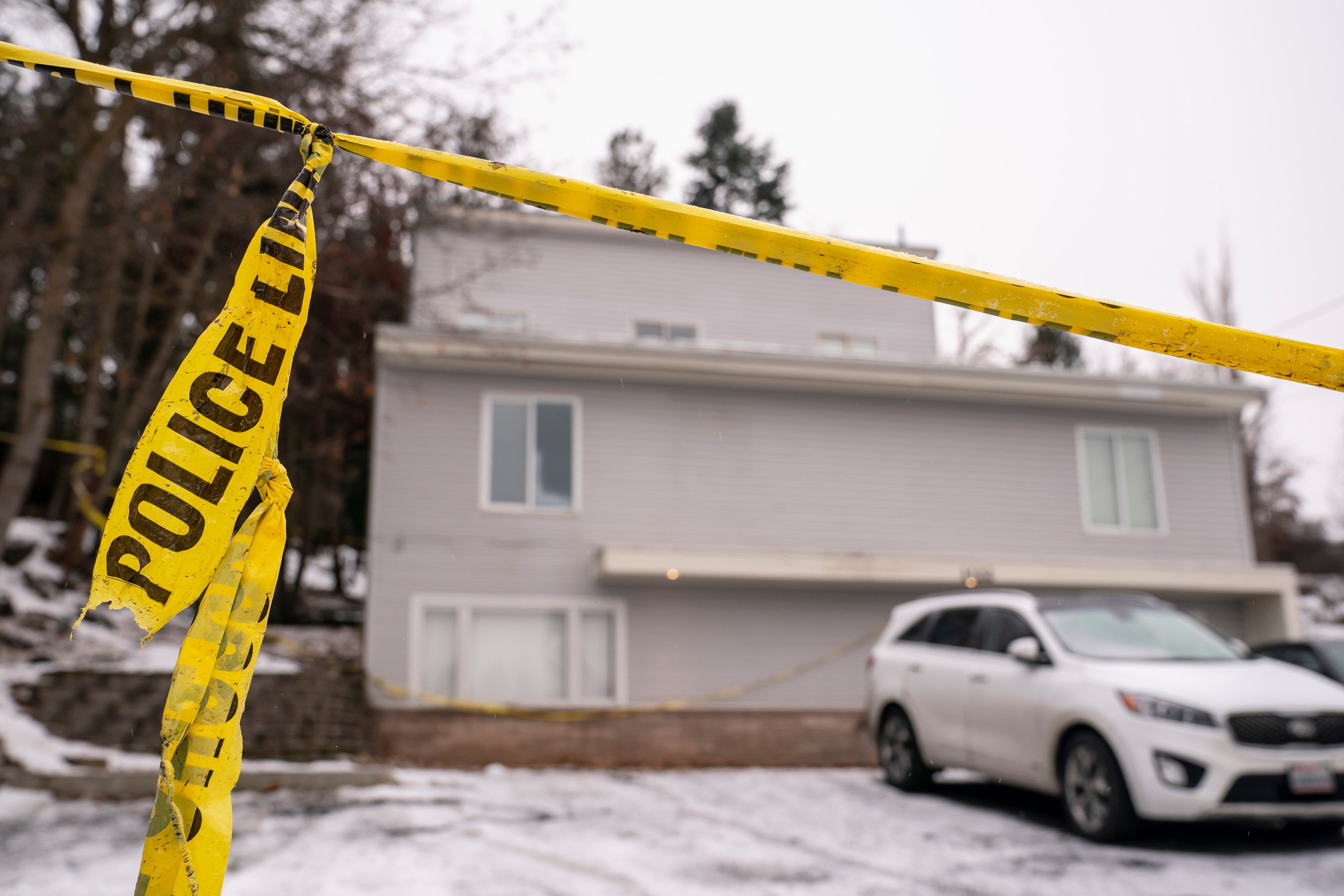 Police tape is seen in January 2023 at the Moscow, Idaho home where four University of Idaho students were killed. The house was demolished on 28 December