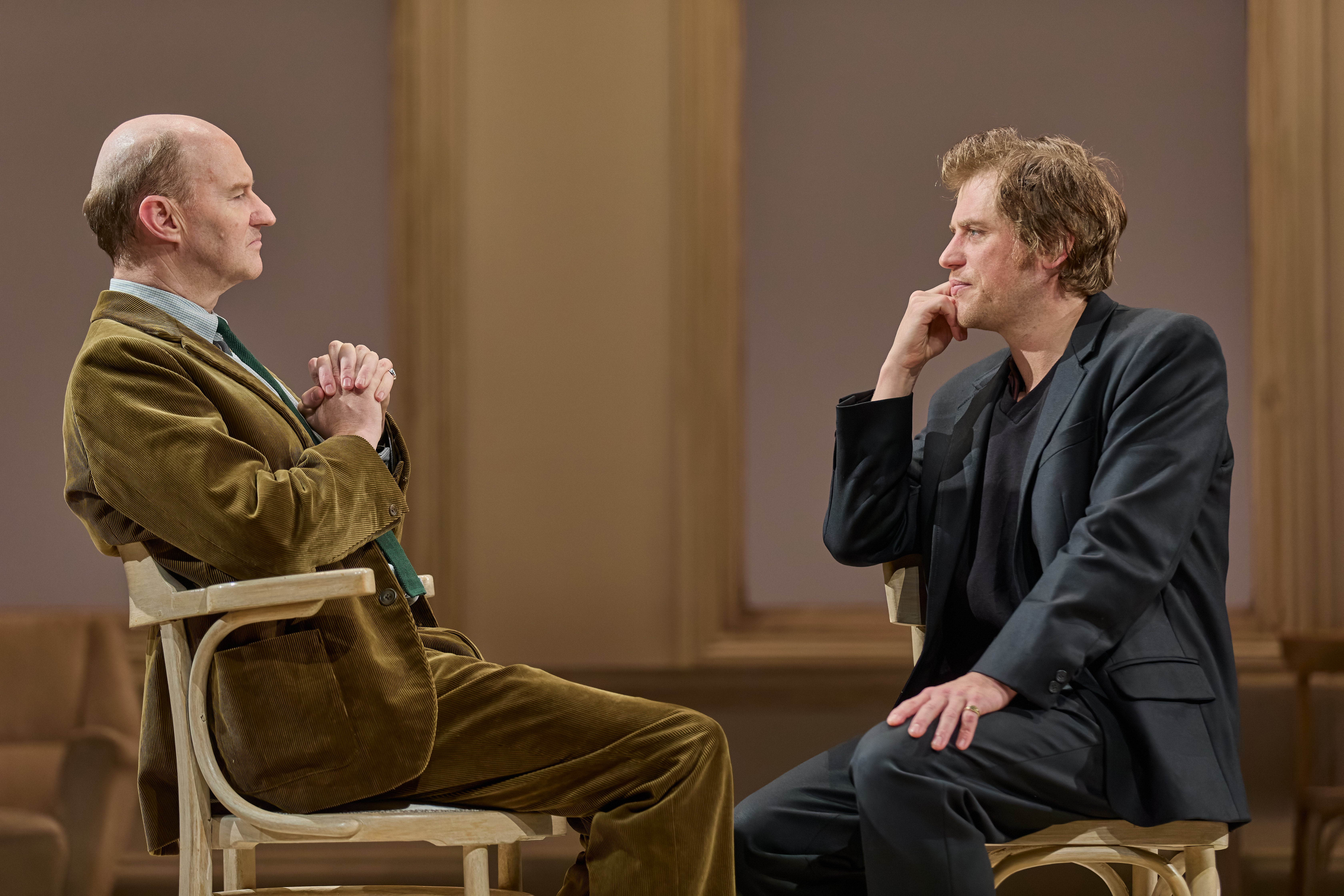 Mark Gatiss as John Gielgud and Johnny Flynn as Richard Burton in ‘The Motive and the Cue'