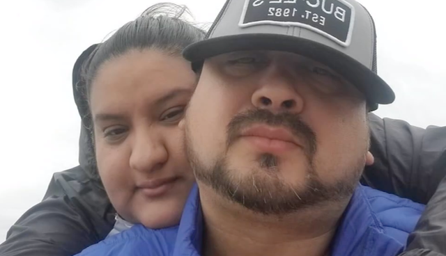<p>Andrew Salinas with his wife, Keila Almonte, who died after running into a burning building to save their cat</p>