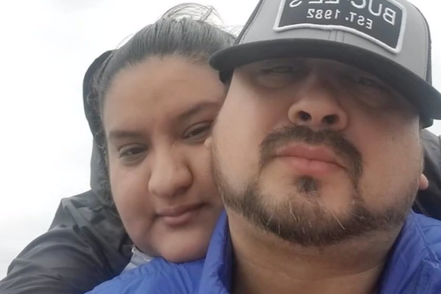 <p>Andrew Salinas with his wife, Keila Almonte, who died after running into a burning building to save their cat</p>