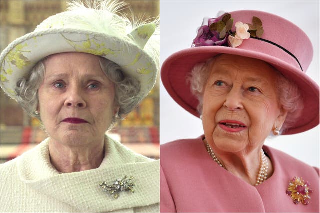 <p>Imelda Staunton in ‘The Crown’ (left) and Queen Elizabeth II</p>