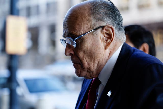 <p>Rudy Giuliani arrives at the E Barrett Prettyman US District Courthouse ahead of the verdict in his defamation case</p>