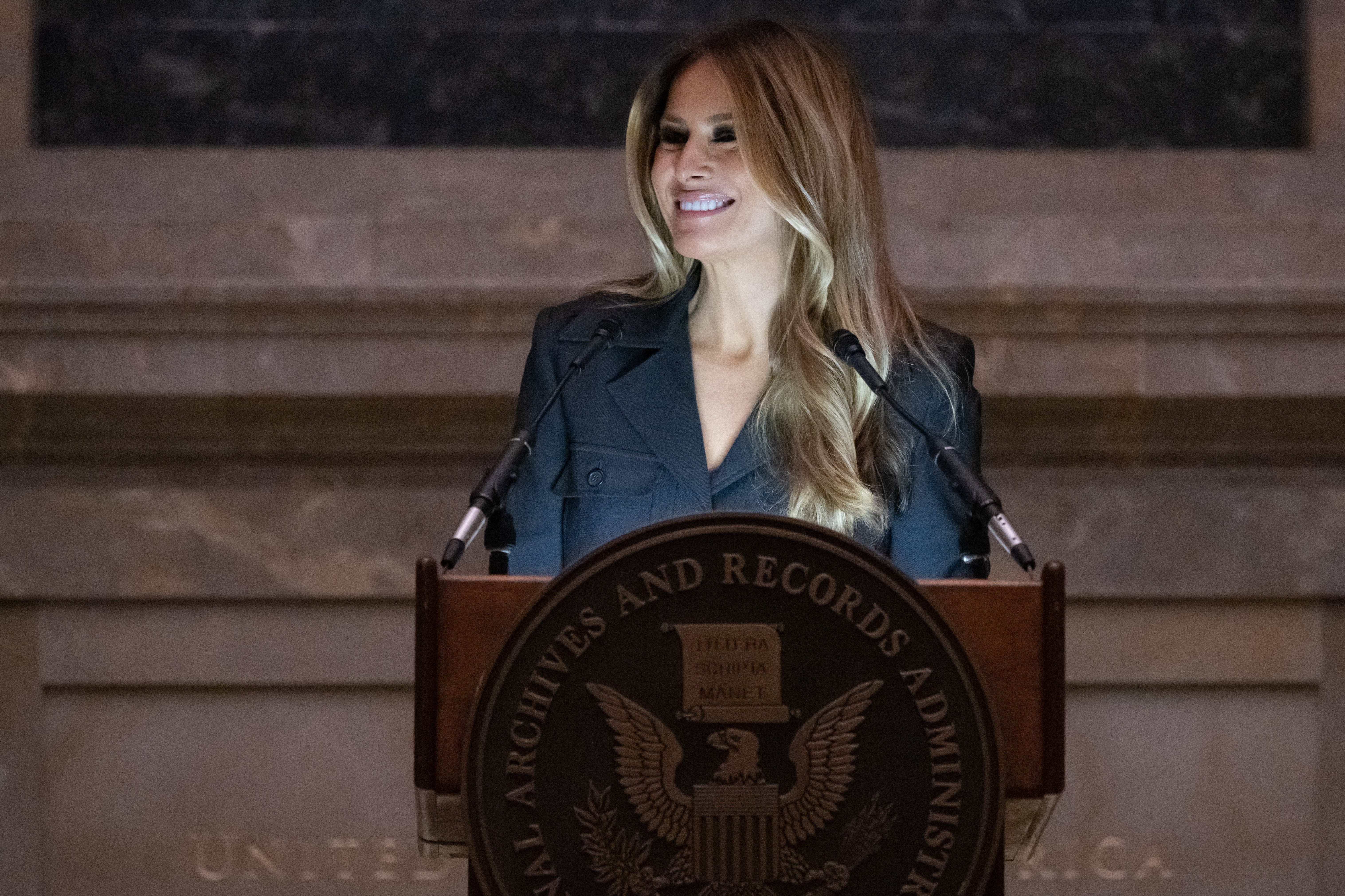 Former US first lady Melania Trump during a rare public speaking engagement at the National Archives in Washington DC on 15 December 2023