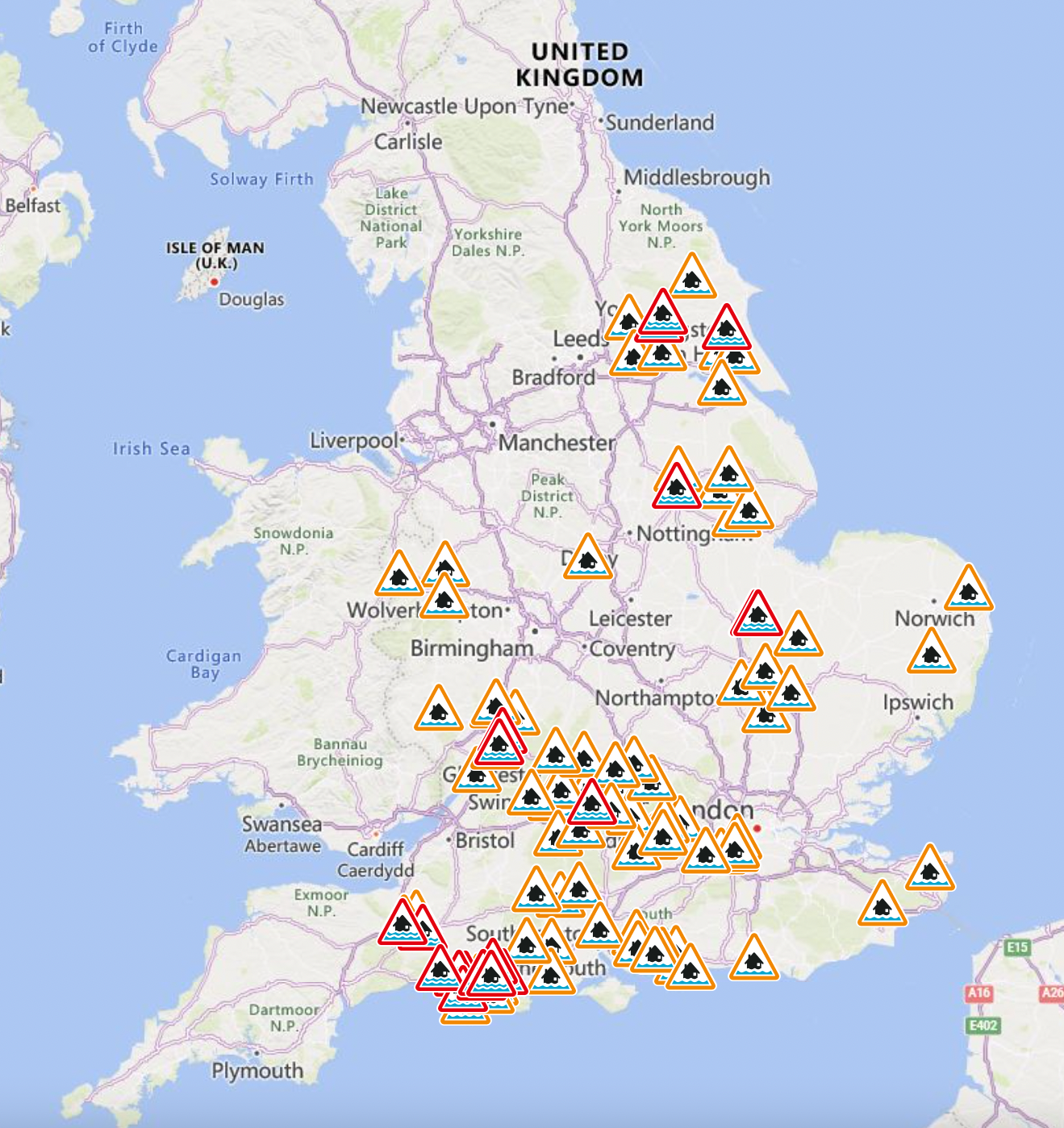 There are 20 flood warnings and 84 flood alerts in place across the UK