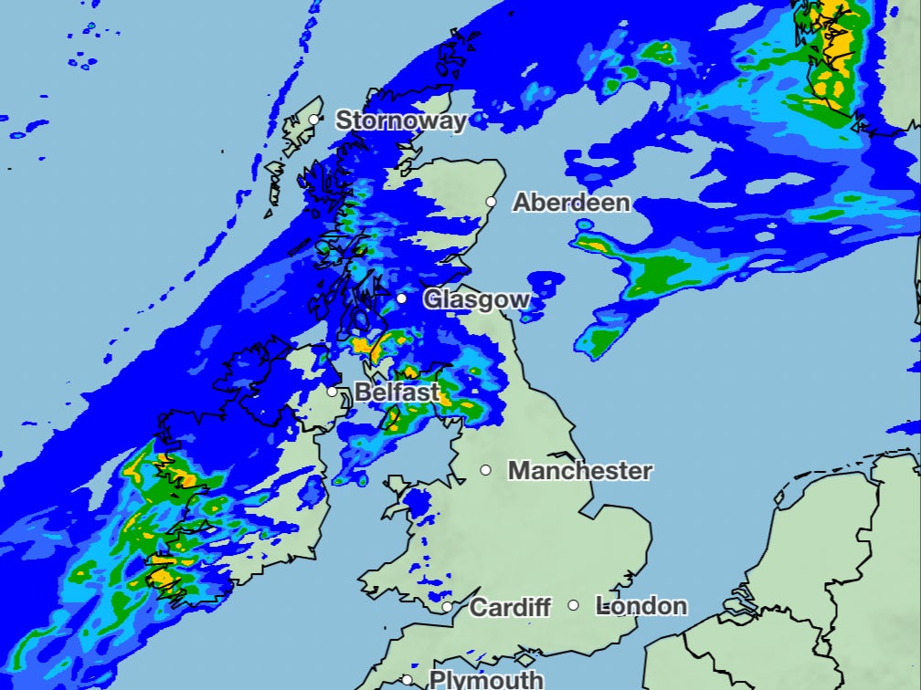 Many areas in the north of Scotland are expected to be hit with heavy downpours - the image shows north western Scotland impacted on Sunday evening