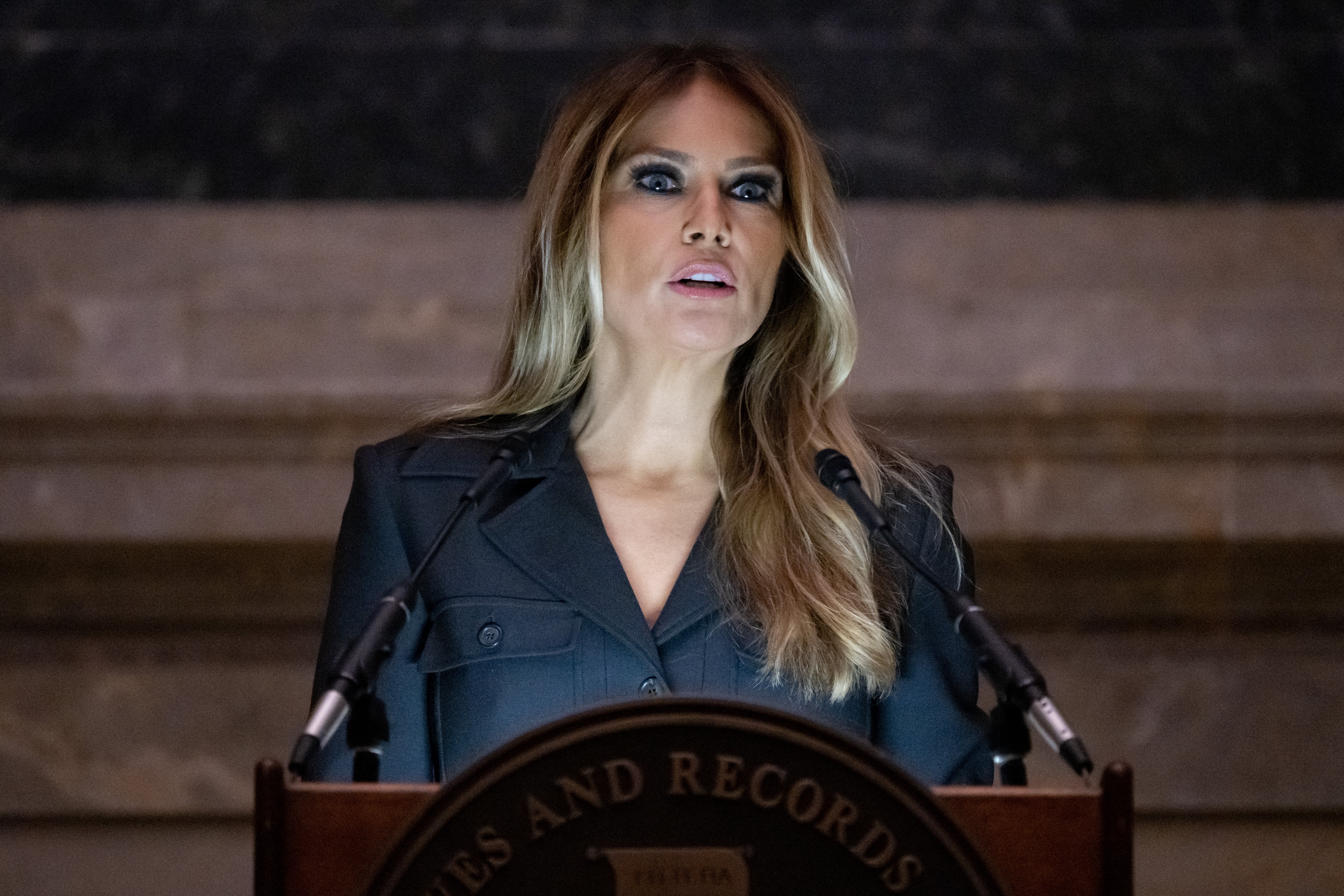 Melania Trump speaks at a naturalisation ceremony at the National Archives in Washington DC on 15 December.