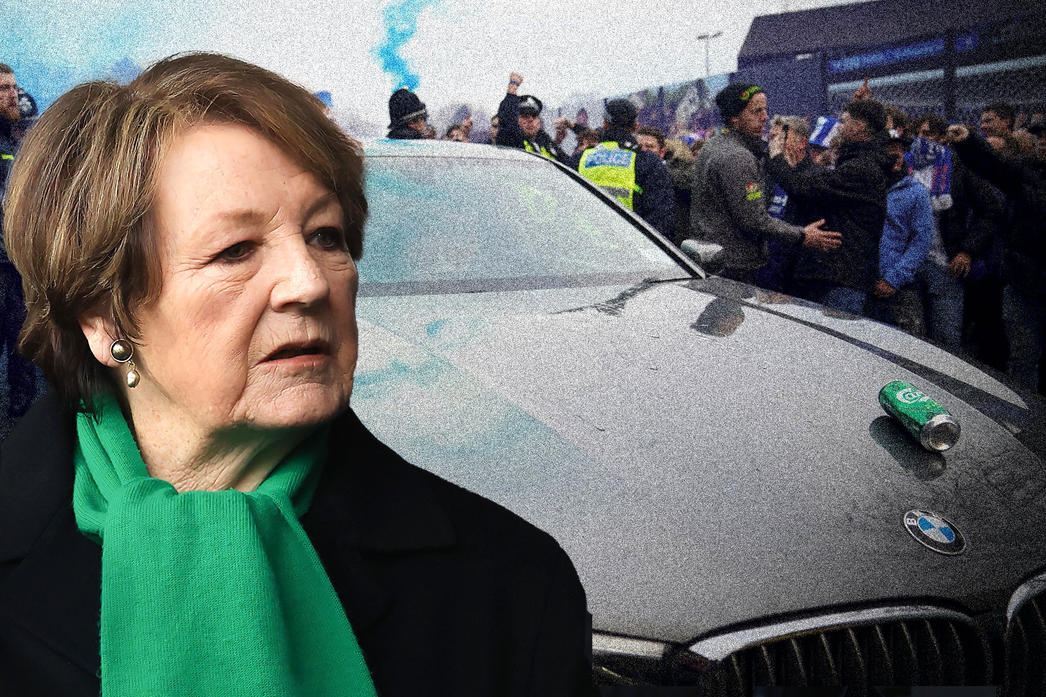 A beer can was thrown at the vehicle taking Delia Smith to the derby game between Ipswich and Norwich