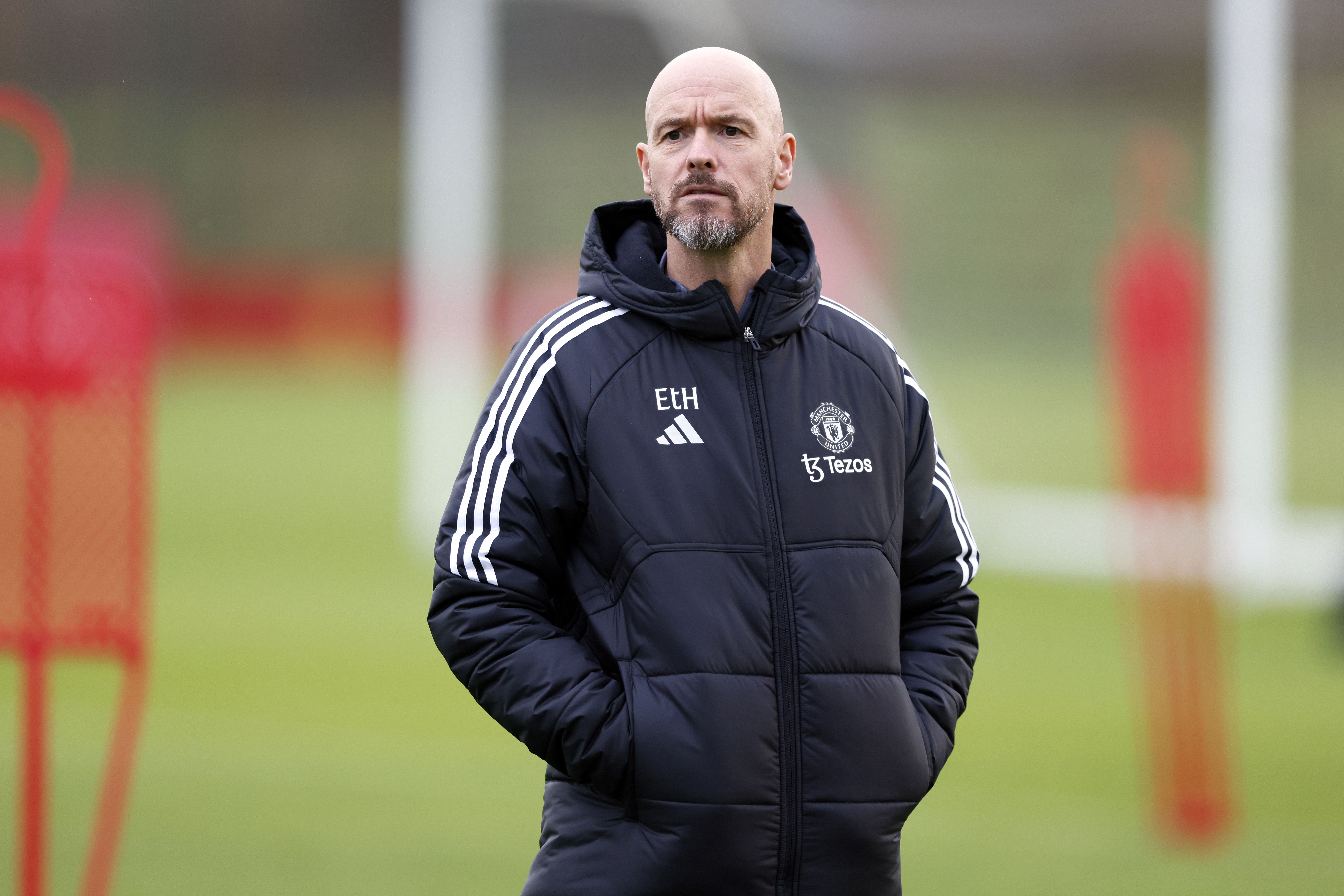 Manchester United manager Erik ten Hag during a training session at the Trafford Training Centre, Carrington, Manchester. Picture date: Monday December 11, 2023.