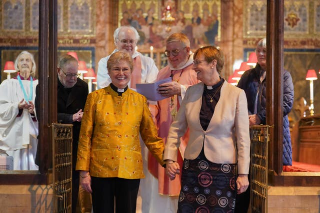 <p>Catherine Bond (left) and Jane Pearce were among the first same-sex couples to be blessed by the Church of England, in 2023</p>