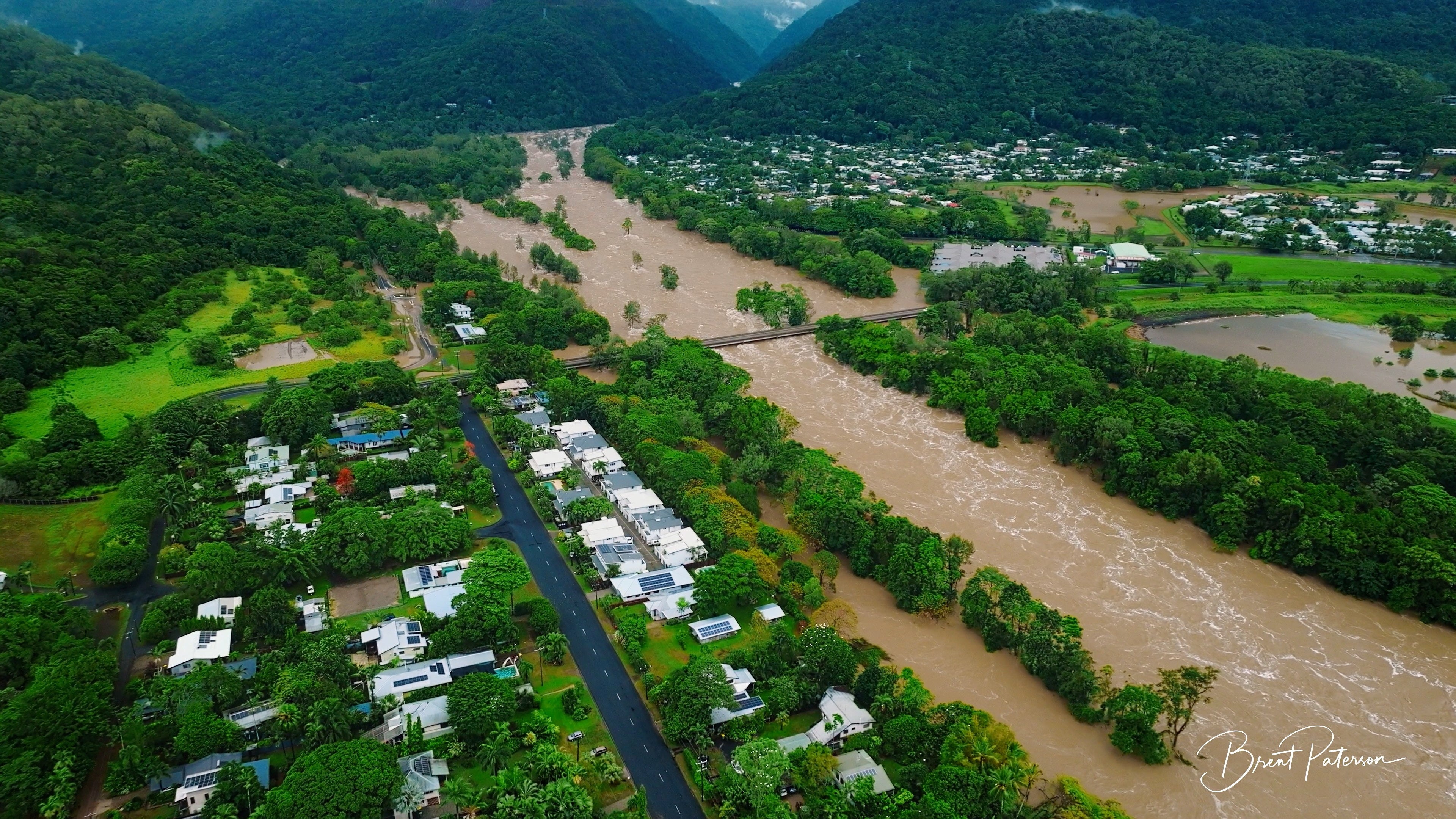 Aerial view of flooding caused by heavy rains, in Cairns