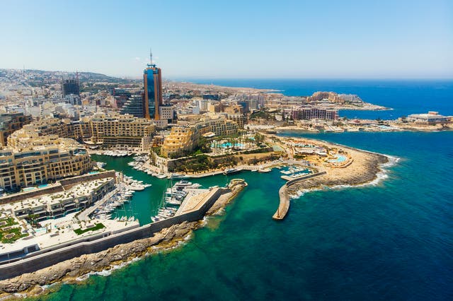 <p>Aerial view of St. Julians city and Portomaso tower in Malta </p>