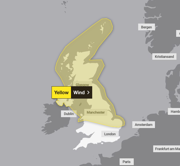 A yellow wind warning stretching from Norfolk to the northern-most points of Scotland was issued for Thursday