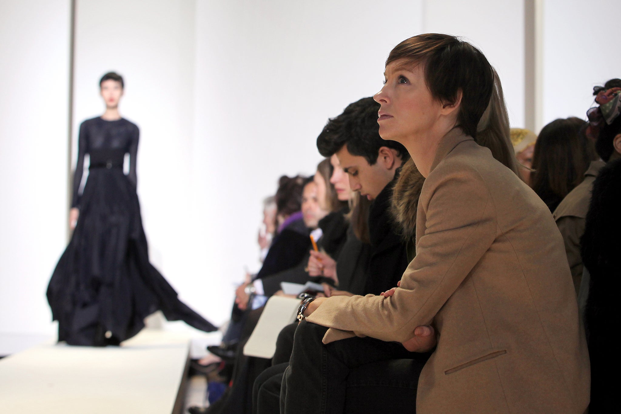 Jo Elvin on the front row of Nicole Farhi’s fashion show in 2011, which had many short-haired models on the catwalk