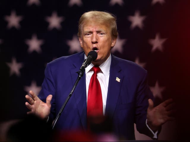 <p>Donald Trump addresses his supporters in Reno, Nevada, on 17 December 2023</p>