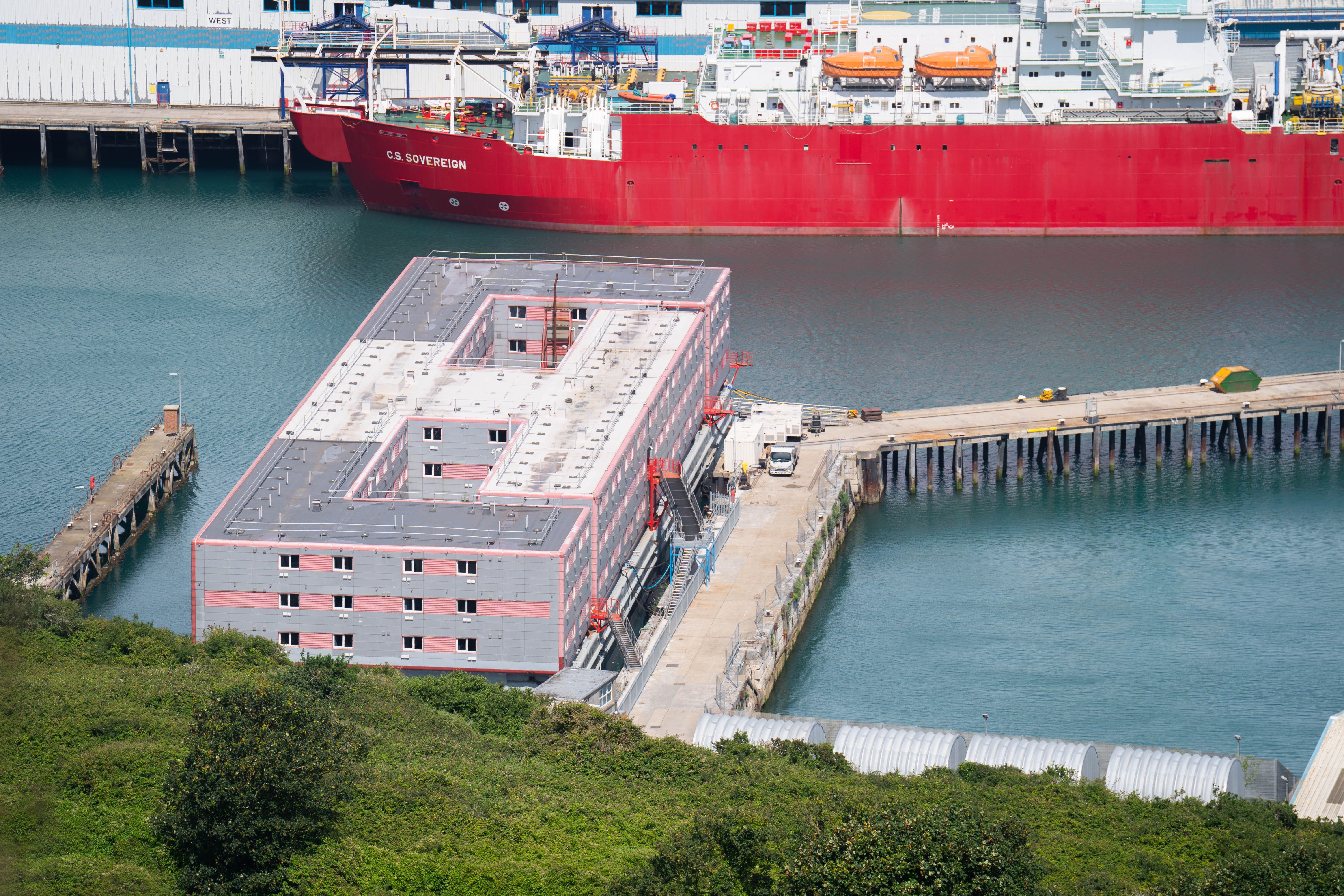 The Bibby Stockholm migrant accommodation barge at Portland Port in Dorset (James Manning/PA)