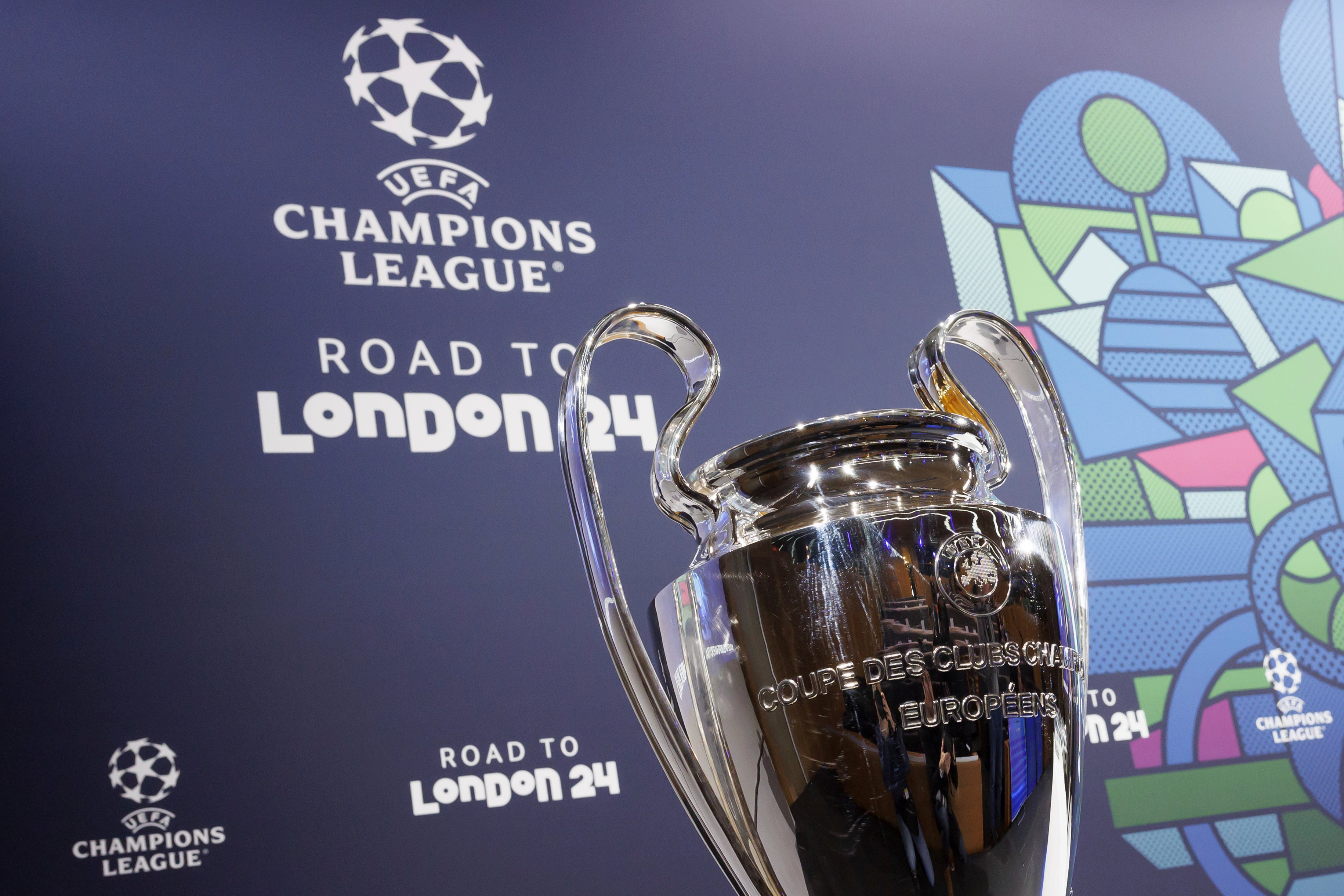 The Uefa Champions League trophy at the last 16 draw in Nyon, Switzerland