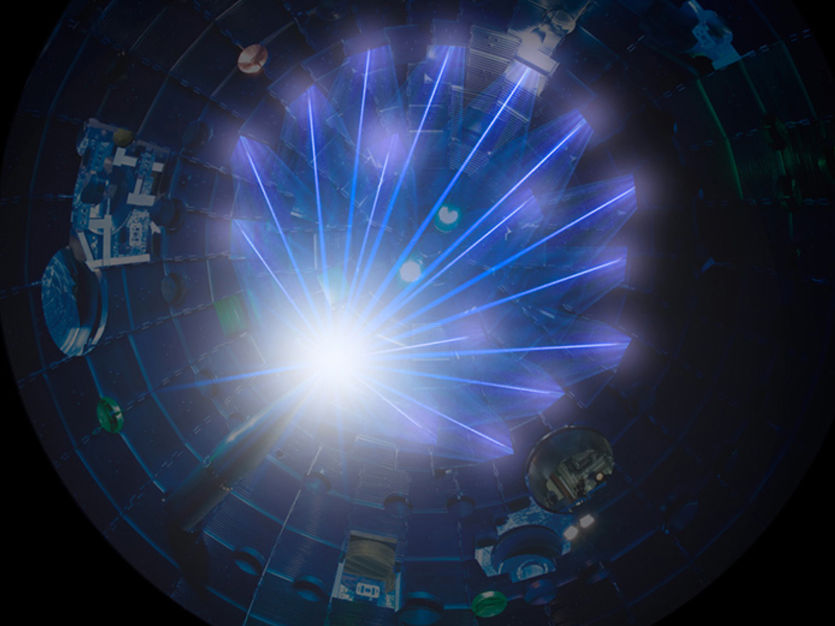 <p>NIF’s 192 high-energy laser beams converge on a frozen hydrogen fuel pellet to spark a thermonuclear fusion reaction</p>