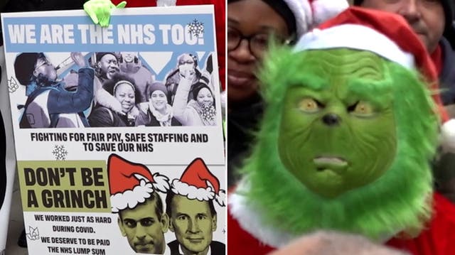 <p>Grinch delivers Christmas card to Health Secretary on behalf of striking NHS staff.</p>