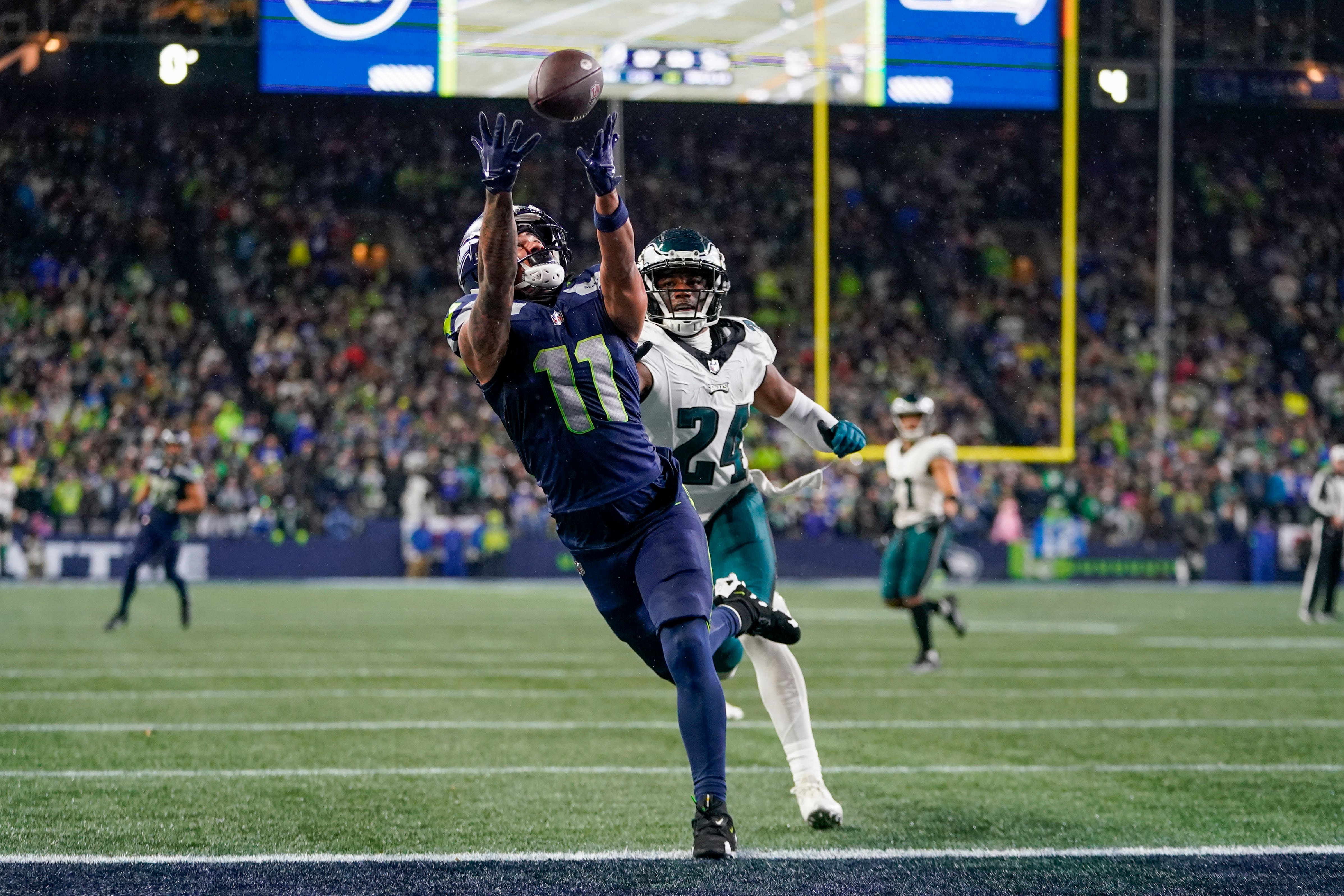 Seattle Seahawks wide receiver Jaxon Smith-Njigba (11) makes a touchdown catch in front of Philadelphia Eagles cornerback James Bradberry (24) (Lindsey Wasson/ AP)