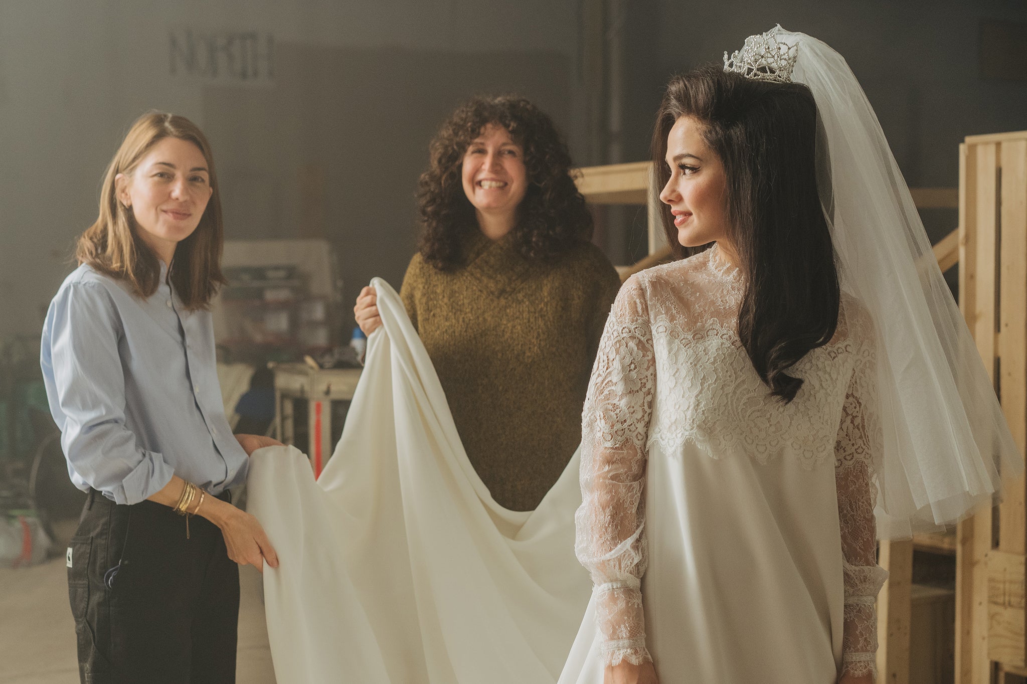 Behind the scenes: Sofia Coppola, costume designer Stacey Battat and Spaeny on the set of ‘Priscilla’