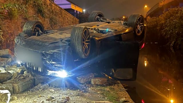 <p>Watch drink driver plough through brick wall inches from canal after night out.</p>