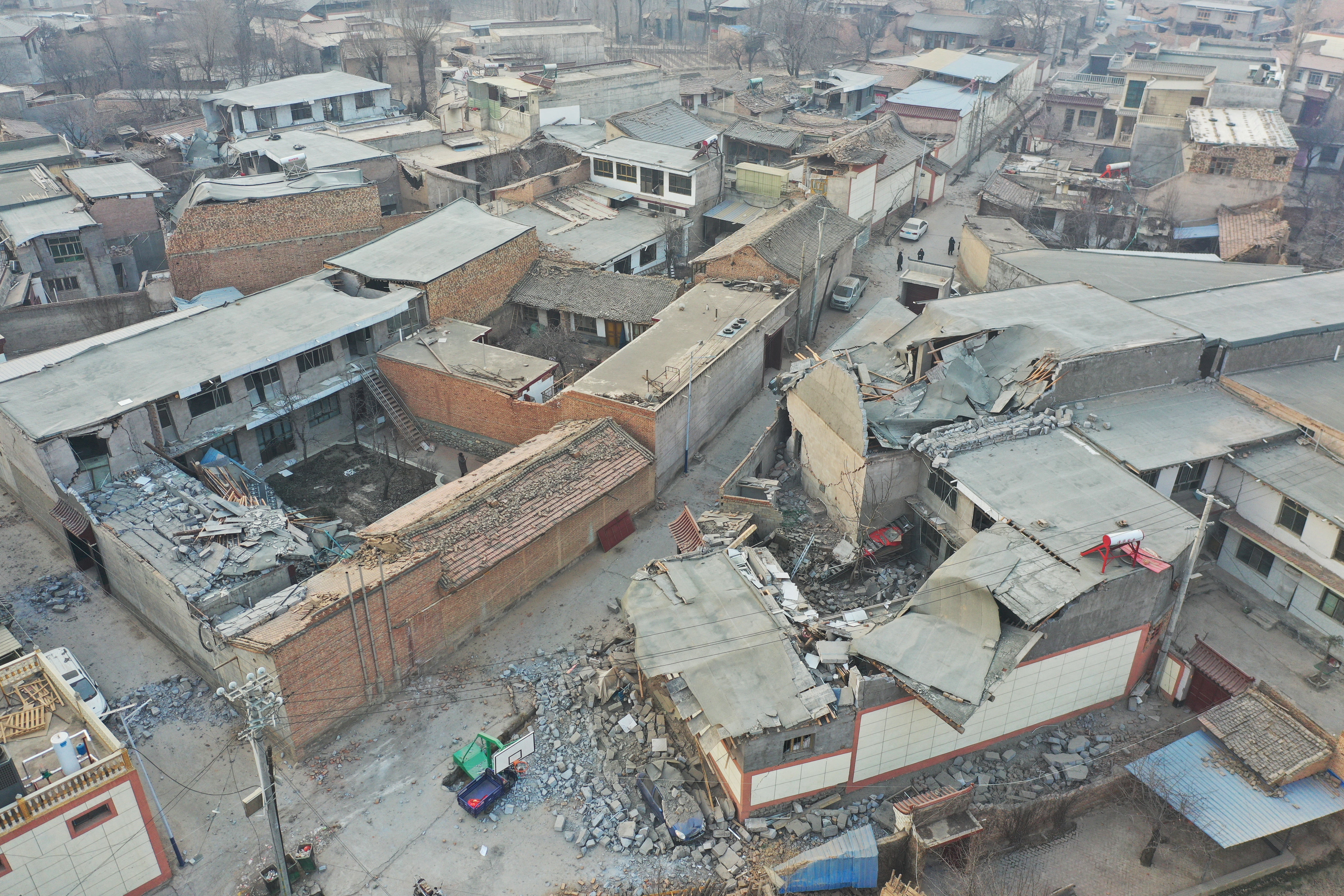 This aerial photo shows damage after an earthquake in Jishishan County
