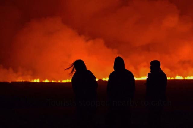 <p>Tourist watches on as lava shoots from Iceland volcano: ‘Something from a movie’.</p>
