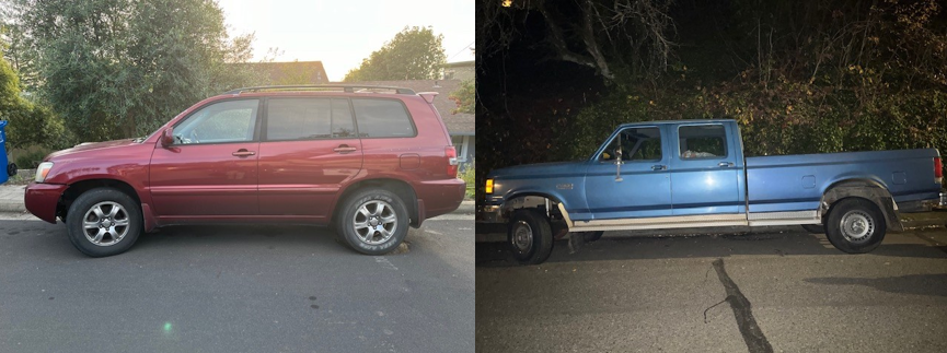 Alice’s Toyota Highlander SUV (left) and Theo’s Ford pickup truck (right)