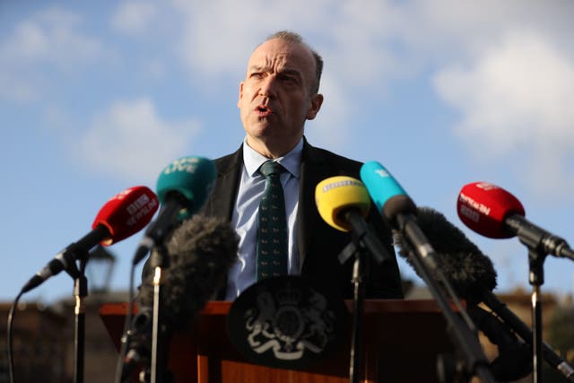 Northern Ireland Secretary Chris Heaton-Harris speaks to the media outside Hillsborough Castle where political parties held talks (Liam McBurney/PA)