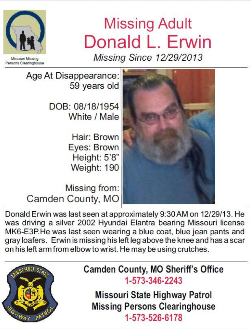 Donnie Erwin was last seen on 29 December 2013