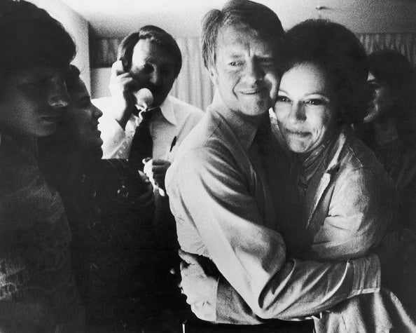 Democratic presidential candidate Jimmy Carter embraces his wife Rosalynn after receiving the final news of his victory in the national general election, November 2, 1976. His son has talked about how the former president has handled Rosalynn’s 2023 death