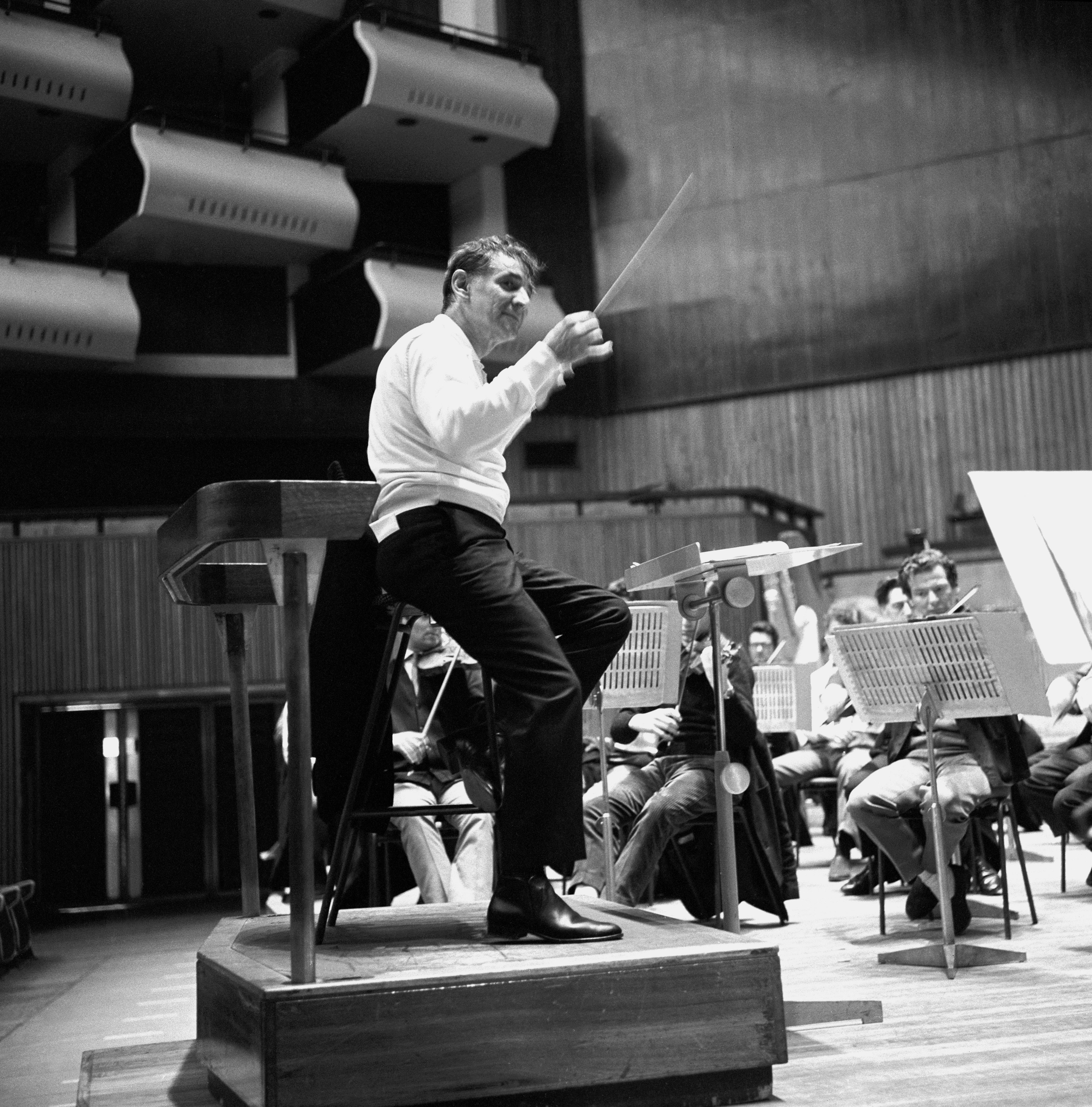 Leonard Bernstein rehearsing with the London Symphony Orchestra at Royal Festival Hall